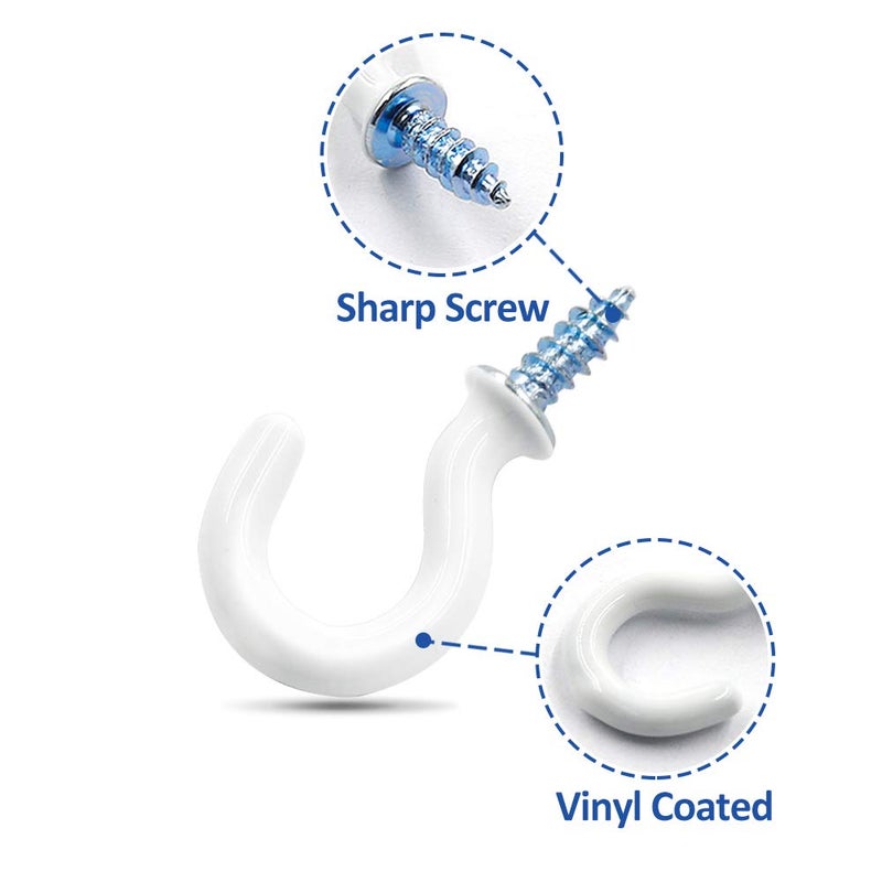 PHITUODA 50Pcs 1/2-Inch Cup Hooks Ceiling Hooks, Plastic-Covered Metal Screw-in Hooks, White - Image 3